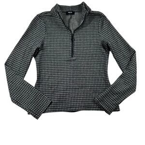 ME EM Check Ponte Zip Up Top US 4 Black White Houndstooth Long Sleeve Pullover